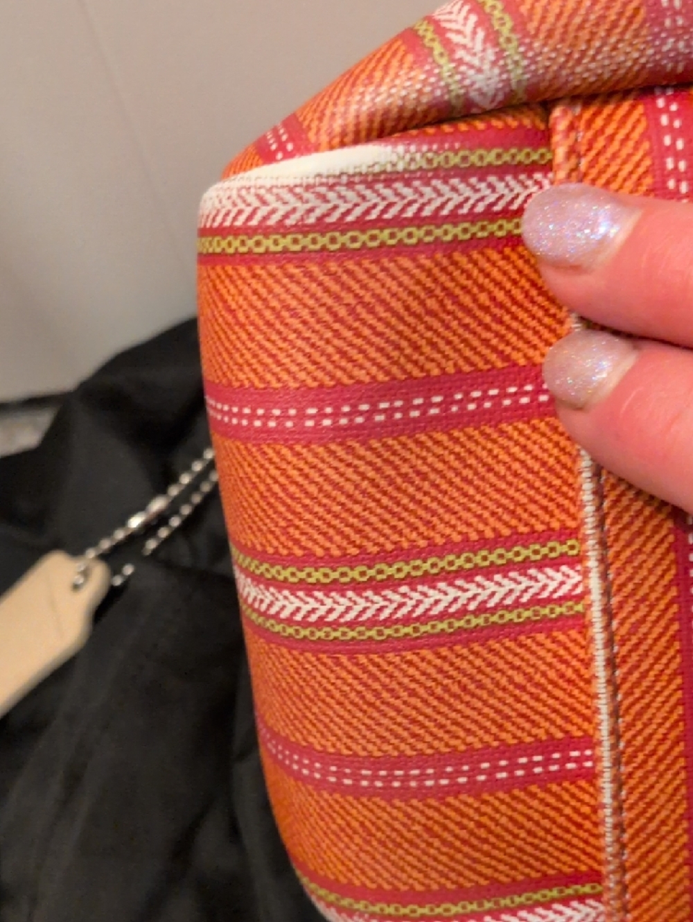 Coach Orange and Pink Stripe Canvas Shoulder Bag with Cream Trim - Picture 15 of 16